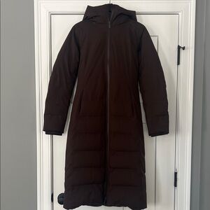 Lululemon 4 stretch seal sleet Street long jacket Brown Hooded Puffer Coat